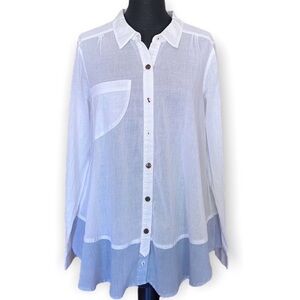 Free People Top White and Blue Long Sleeve Boho Flowy
Button Down Size Medium